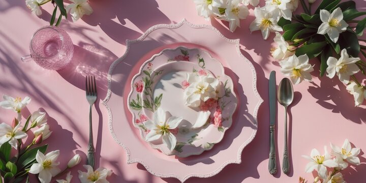 Spring holiday table settings on light pink background with white flowers and shadows, romantic holiday card with menu setting, flat lay, copy space