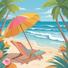 Tropical Beach Illustration with Sunset Sky and Palm Trees in Flat Vector Style