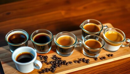 Coffee tasting flight with various roasts and brew methods in small cups,  beans,  wooden