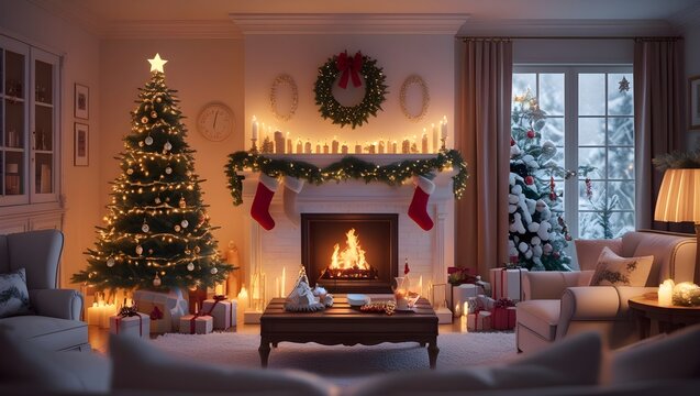 A beautifully decorated living room with a warm lit fireplace as the focal point, styled in a classic Christmas theme