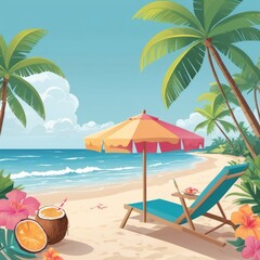 Tropical Beach Illustration with Sunset Sky and Palm Trees in Flat Vector Style