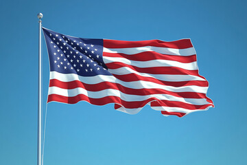Obraz premium Waving American Flag Against a Clear Blue Sky on a Silver Flagpole Represents Patriotism