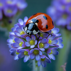 Ladybug resting atop a beautiful purple flower in a garden setting