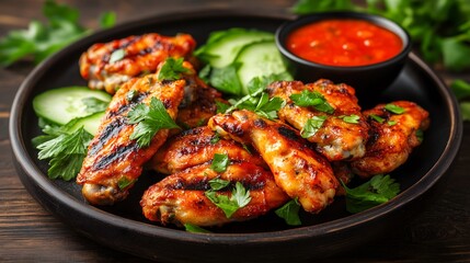 Fototapeta premium Crispy Roast Chicken Wings Overhead Shot: Glazed Texture Meat Detail, Party Platter Advertising Visual