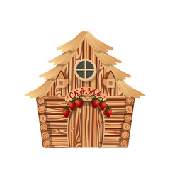 Cute fairy-tale wooden house. Above the entrance to the house there is a sign with the inscription fairy tale. Vector illustration isolated on white background.