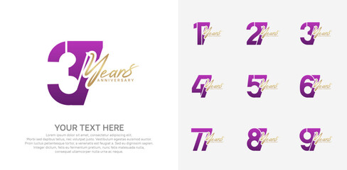 Anniversary logo set vector design, purple and gold color for celebration event