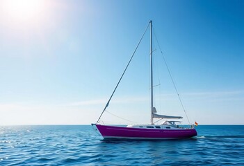 Naklejka premium Brightly colored sailboat poised on calm ocean under a sunny sky, ready to depart, travel, blue