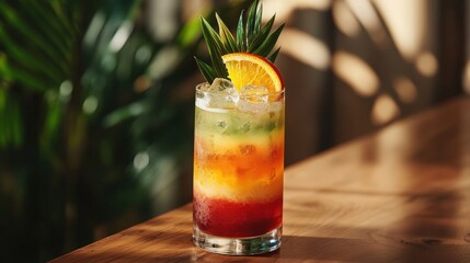 Tropical cocktail with colorful layers and ice