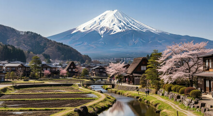Scenic Shirakawa-go village with Mount Fuji backdrop and cherry blossoms in spring