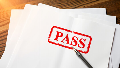 Stamped PASS on white papers with pen on wooden desk  