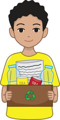 Boy Recycling Bottles, Soda Cans, and Paper