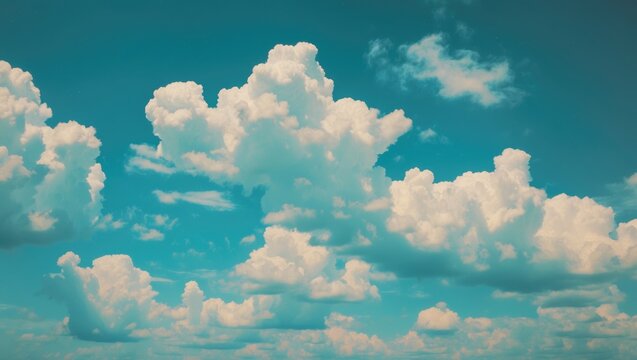 Blue sky with light fluffy cumulus clouds and empty copy space for text