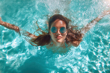 Bright sunlight bathes the clear blue water as a young woman swims gracefully, wearing stylish sunglasses. She enjoys the invigorating experience of the summer pool