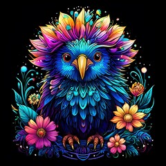Obraz premium Vibrant Floral Crowned Kiwi Bird Illustration A Colorful Avian Masterpiece