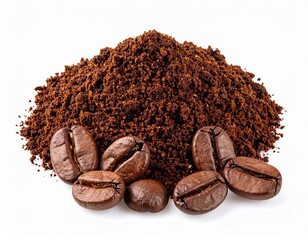 Ground coffee with roasted coffee beans and fresh beans isolated on white background