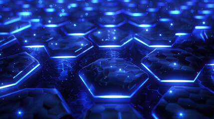 Obraz premium Endlessly looping animation of moving hexagons glowing with blue light, creating a futuristic and rhythmic visual flow full of depth and energy...