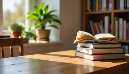 Open book on stack of books on wooden table near window with plants  