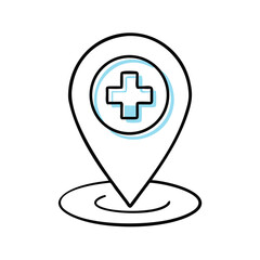 Fototapeta premium Location marker with medical symbol in minimalist outline design 