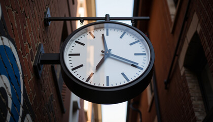 Modern wall clock hanging on brick wall in urban alleyway  