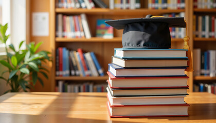 Graduation cap on stack of books in library setting during daytime  