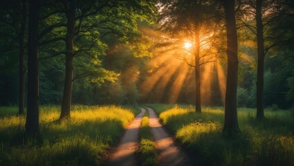 Obraz premium Forest Sunset Summer, Small Path Through The Beautiful Forest, Sunbeams Filter Through The Leaves Of The Trees, Creating Very Intense Light Effects. Road In Meadows