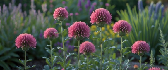 Common Globe Amaranth Flower in perennial garden with ample space for text