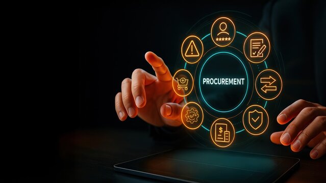 Hands reaching toward floating circular dashboard with modular procurement elements on tablet, managing supply chain processes, procurement management, supply chain, procure protect