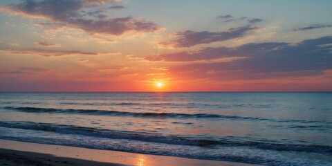 Fototapeta premium Sunset on the sea beach under a beautiful sky with empty space for text.