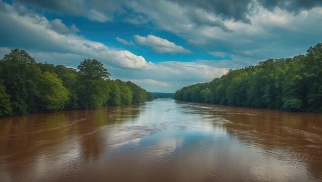 A stunning shot of the silky brown waters with vast miles of lush green trees along the river with blue sky and clouds