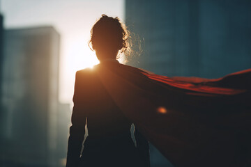 Businesswoman superhero at sunset