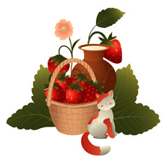White cat with red spots, strawberry bush and clay jug with milk. Vector illustration isolated on white background.