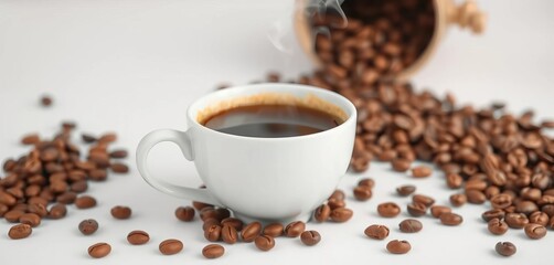Fototapeta premium Steaming hot coffee in white cup, coffee beans nearby, white background, aroma, comfort