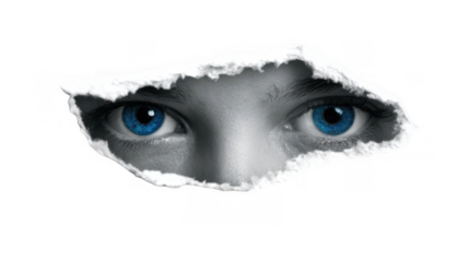 Pair of captivating bright blue eyes peers through a torn hole in a shadowed surface, creating a sense of mystery and intrigue against a transparent background