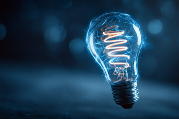 Glowing lightbulb on blue