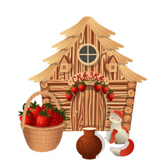 Cute cat with red spots, clay jug with milk and basket with strawberries on the background of fairy-tale wooden house. Above the entrance to the house there is a sign with the inscription fairy tale