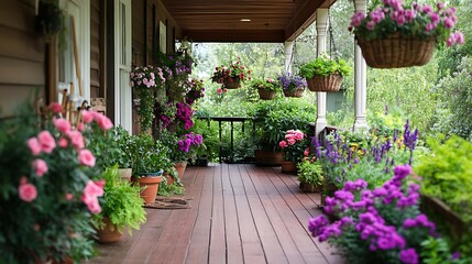 Blooming Flowers Adorn A Wooden Porch