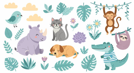 Fototapeta premium Pixel Illustration of Safari Animals and Plants Elements