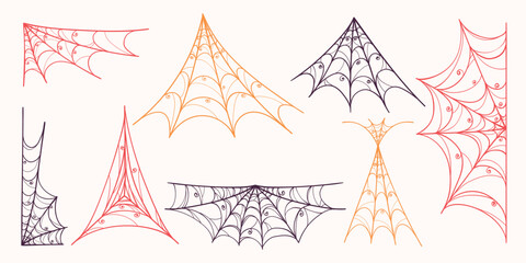 Spider Web Collection in Hand Drawn Style. Doodle arachnid web perfect for cards, party invitations, web, fashion, print
