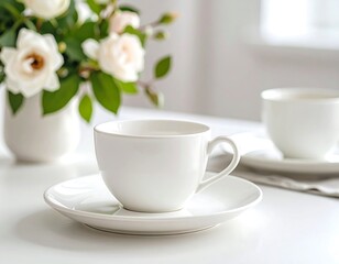 White teacup and saucer on table with flowers