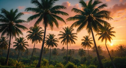 Coconut Palm Trees At Sunset on Tropical Landscape with vibrant sky and lush greenery.