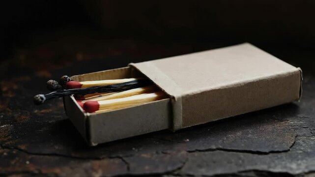 Box of used matches that have been recently lit and extinguished, indicating possible fire hazard or smoking-related activity.