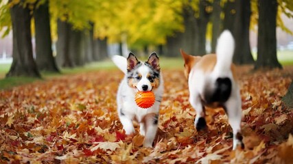 Happy dog running in fall with a toy in its mouth. Autumnal scene with vibrant foliage.