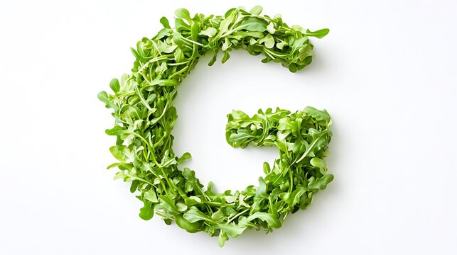 Alphabet letter G made from fresh arugula on white background
