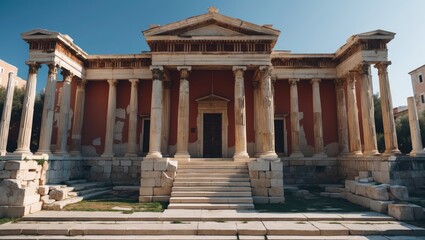 Fototapeta premium Academy Of Athens with empty copy space for text. Classic ancient Greek architecture with columns and stairs, suitable for educational, historical, or cultural themes.