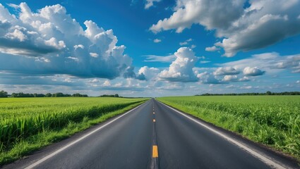 Fototapeta premium Asphalt road through the green field and clouds on blue sky in summer day with empty copy space for text