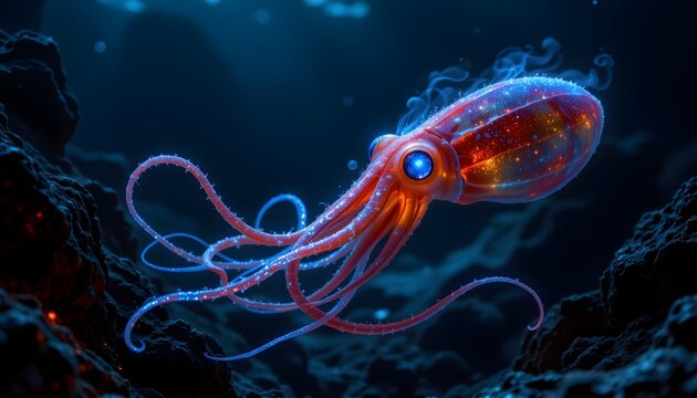 a vampire squid releasing bioluminescent ink in a dark sea environment