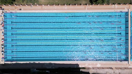 Aerial top view of an outdoor Olympic-size swimming pool with multiple swimmers training in lanes. Captured from a drone in daylight, ideal for sports, fitness, and recreation themes - Powered by Adobe