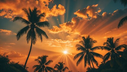 Orange sky illuminated by sun rays. Tropical sky view with empty copy space for text.