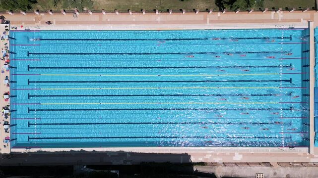 Aerial top view of an outdoor Olympic-size swimming pool with multiple swimmers training in lanes. Captured from a drone in daylight, ideal for sports, fitness, and recreation themes