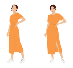 Fototapeta premium Woman in orange dress and white sneakers standing poses - fashion illustration.